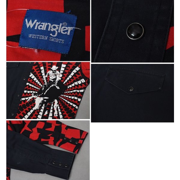 画像2: 【ラングラー】【Wrangler】【黒×赤】【カウボーイグラフィック】【ロデオ】【ウエスタンシャツ】【サイズL程度】 