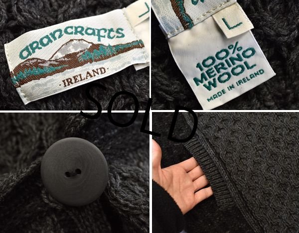 画像2: 程度良好!!【アイルランド製】 【アランクラフト】【チャコールグレーx黒】ニットコート【アランカーディガン】【レディースL】  (2)