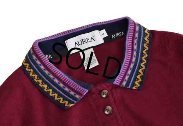 画像4: 【USA製】 ビンテージ【AUREA】【エンジ×フェアアイル柄】【半袖ポロシャツ】【サイズL】  (4)