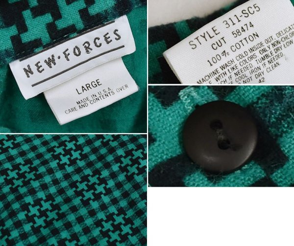 画像2: 【USA製】【NEW・FORCES】【緑×黒】【総柄】【ギンガムチェック】ネルシャツ【サイズL】【レディース古着】  (2)