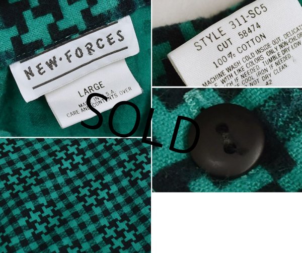 画像2: 【USA製】【NEW・FORCES】【緑×黒】【総柄】【ギンガムチェック】ネルシャツ【サイズＬ】【レディース古着】  (2)