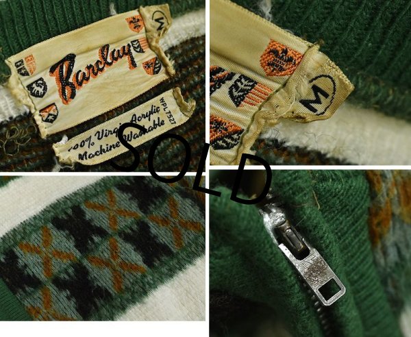 画像2: 【ビンテージ】【Barclay】【緑x白】柄ボーダー【ジップアップ】アクリル【カーディガン】【サイズM】  (2)