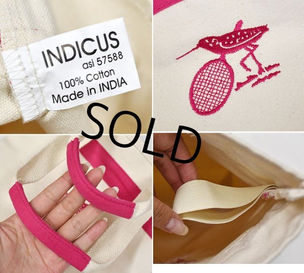 画像2: 【ビンテージ】【生成り×ピンク】【鳥・ラケット】【キャンバストート】【トートバッグ】【ミニトート】  (2)