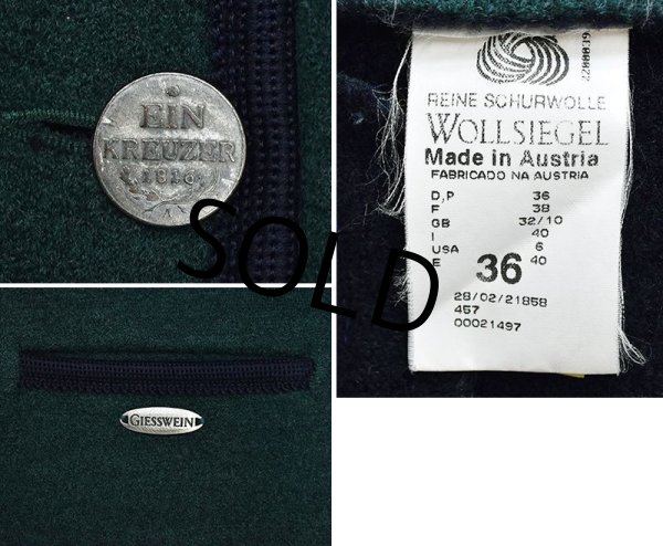 画像3: 【オーストリア製】【ビンテージ】【GIESSWEIN】【緑ｘ紺】【ウール】【レディース】銀ボタン【ノーカラージャケット】【サイズ36】  (3)