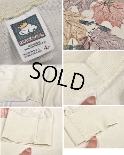 画像2: 90's【USA製】【ビンテージ】COTTON DELUXE【落ち葉プリント】【ロンT】オフホワイト【サイズL】  (2)