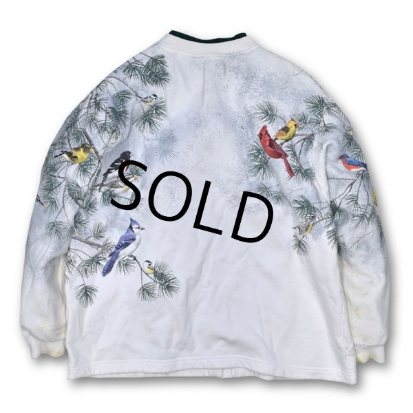 画像2: 90's【ビンテージ】【Artisans】【アルチザン】【白x緑】【鳥プリント】【スウェットカーディガン】【サイズM程度】  (2)