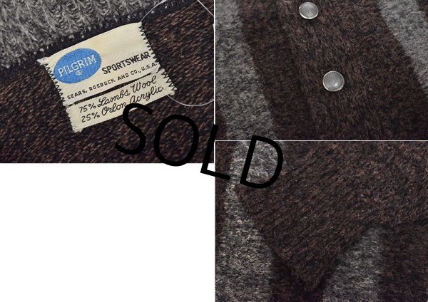 画像2: ~60's【ビンテージ】ピルグリム【PILGLIM】【茶色×グレー】ウール×アクリルカーディガン【サイズM程度】  (2)