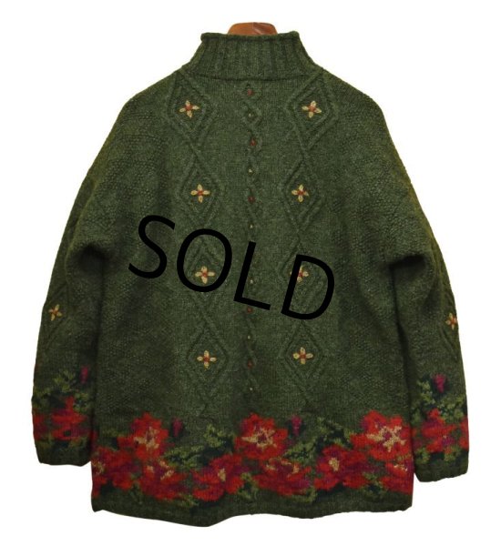 画像3: 【ビンテージ】【L.L.bean】【エルエルビーン】【モスグリーン】花柄【モックネック】【ウールセーター】レディース古着【レディースL】  (3)