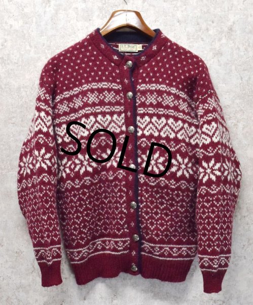 画像1: ビンテージ【USA製】【l.l.bean】エルエルビーン【バーズアイ】【雪柄】カーディガン【ウールカーディガン】【レディース古着】【サイズＬ】  (1)