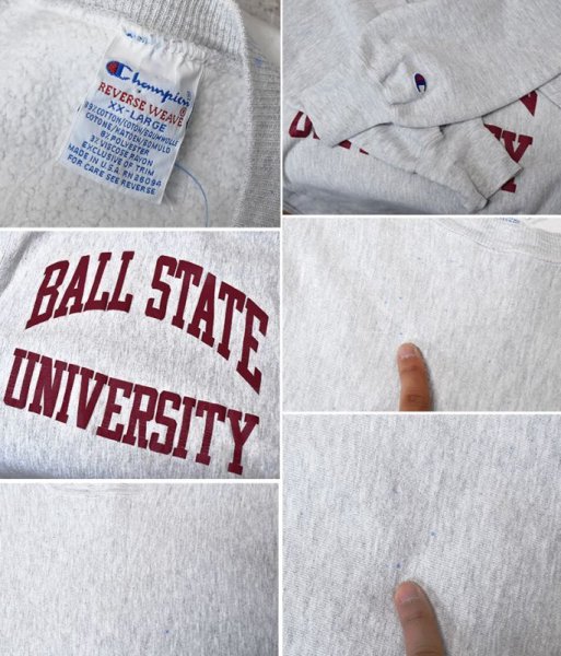 画像2: 90’s【ビンテージ】USA製【チャンピオン】【リバースウィーブ】【グレー】【BALL STATE UNIVERSITY】【カレッジスウェット】【刺繡タグ】【サイズXXL】  (2)
