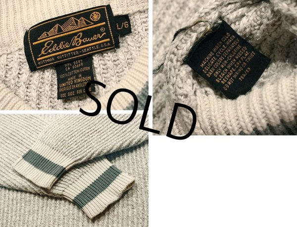 画像2: 【UK製】【ビンテージ】【エディーバウアー】ライトグレー×緑 リブボーダー【コットンセーター】【サイズL】  (2)