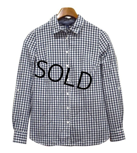画像1: 【TOMMY HILFIGER】トミーヒルフィガー【白ｘ紺】ギンガムチェック【コットンシャツ】ブラウス【Classic Fit】【レディースＳ】【レディース古着】  (1)
