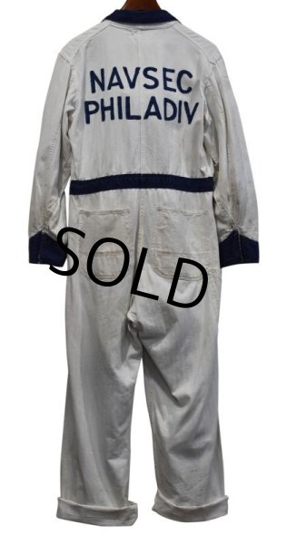 画像4: 60's【ビンテージ】【NAVSEC PHILDIV】チェーンステッチ入り【白×青】ヘリンボーン【つなぎ】【オールインワン】【サイズ40】  (4)