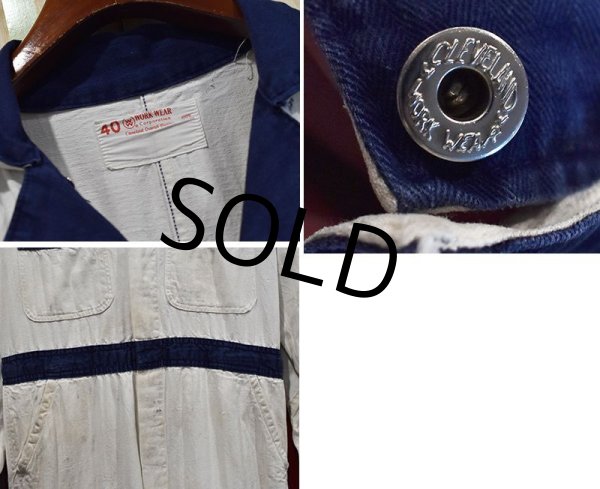 画像3: 60's【ビンテージ】【NAVSEC PHILDIV】チェーンステッチ入り【白×青】ヘリンボーン【つなぎ】【オールインワン】【サイズ40】  (3)