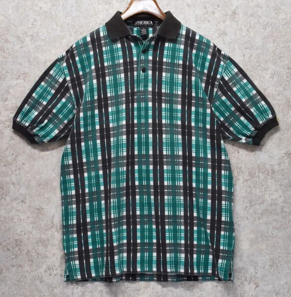 画像1: USA製【ビンテージ】ペリー・エリス【PERRY ELLIS】【AMERICA】【緑ｘ黒】チェック【ポロシャツ】サイズＭ  (1)