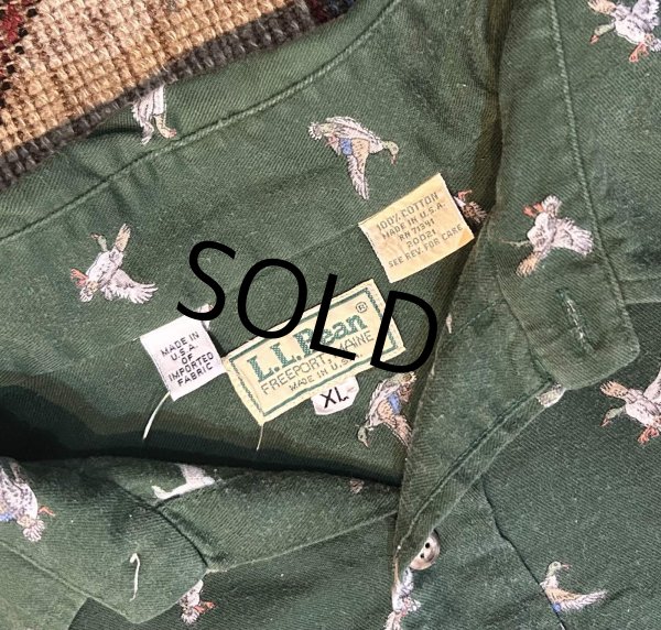 画像2: ~90's【USA製】ビンテージ【L.L.Bean 】【ＬＬビーン】【緑】【鳥総柄プリント】【コットンシャツ】【サイズＸＬ】  (2)