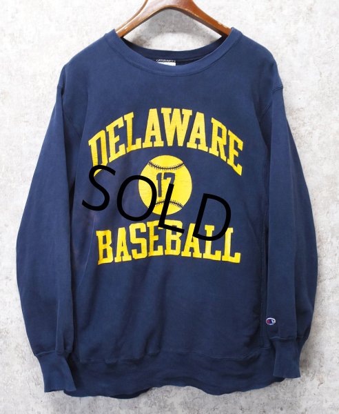 画像1: 80's【USA製】ビンテージ【チャンピオン】プリント　トリコタグ【リバースウィーブ】【DELAWARE BASEBALL】【紺】【スウェット】【サイズXL】  (1)