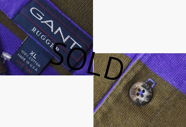 画像2: 90's 【USA製】【ビンテージ】【GANT】ガント【紫ｘオリーブ】【ボーダー】【ラガーシャツ】【長袖ポロシャツ】【サイズＸＬ】  (2)