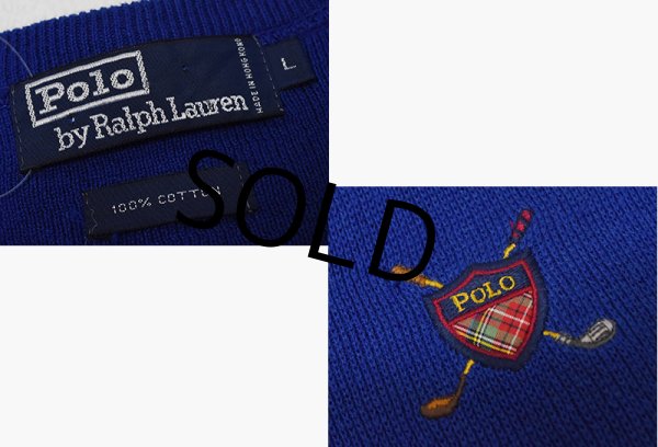 画像2: ビンテージ【ラルフローレン】【青】Vネック【コットンニットベスト】胸ロゴ入り【サイズM】  (2)