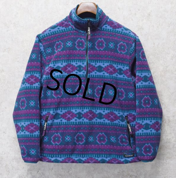 画像1: 【L.L.Bean】ビンテージ【ＬＬビーン】ポーラテック【Windproof】紫×緑幾何学模様【ハーフジップフリース】サイズW-M (1)