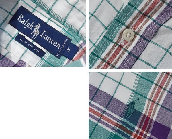 画像2: ビンテージ【POLO RALPH LAUREN】ラルフローレン 紫x緑x白 チェック【コットンBDシャツ】サイズM  (2)