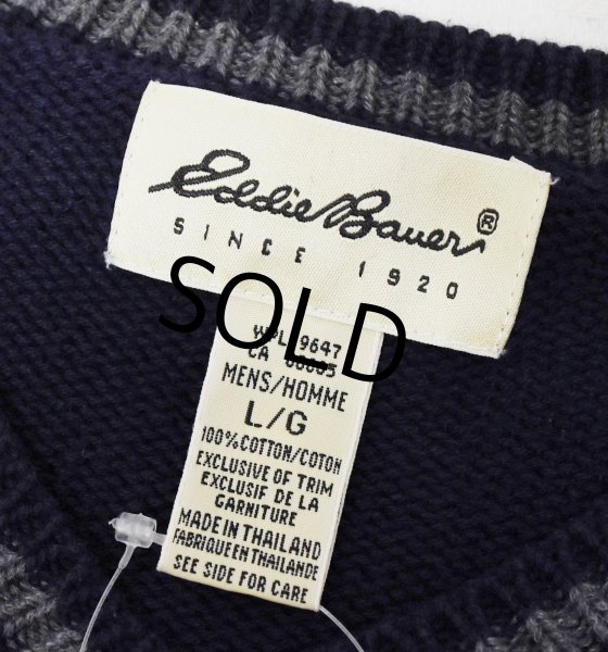 画像2: 90’s~【ビンテージ】【エディーバウアー】【ネイビー×グレーライン】【Vネック】【コットンセーター】【サイズL】  (2)