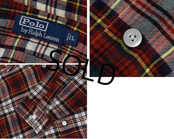 画像2: ビンテージ【POLO RALPH LAUREN】ラルフローレン 赤ｘ白ｘ黄 チェック【ライトフランネルシャツ】オープンカラーシャツ サイズL  (2)