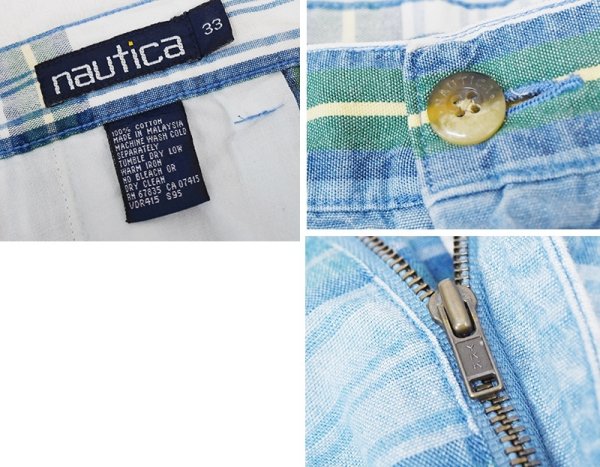 画像2: ~80's 【nautica】ノーティカ【水色×緑チェック】２タック【ショートパンツ】【短パン】【コットンショーツ】【ｗ33】  (2)