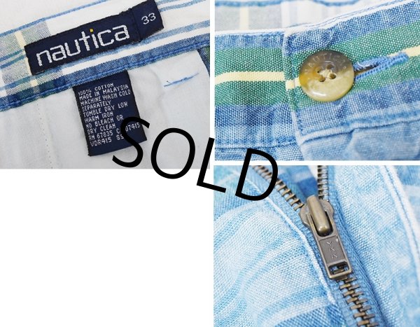 画像2: ~80's 【nautica】ノーティカ【水色×緑チェック】２タック【ショートパンツ】【短パン】【コットンショーツ】【ｗ33】  (2)