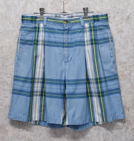 画像1: ~80's 【nautica】ノーティカ【水色×緑チェック】２タック【ショートパンツ】【短パン】【コットンショーツ】【ｗ33】  (1)