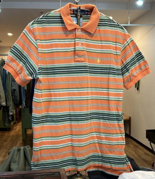 画像1: POLO ralph lauren【ラルフローレン】ビンテージ【オレンジｘ緑】【ボーダー柄】【ポロシャツ】【サイズＭ】  (1)