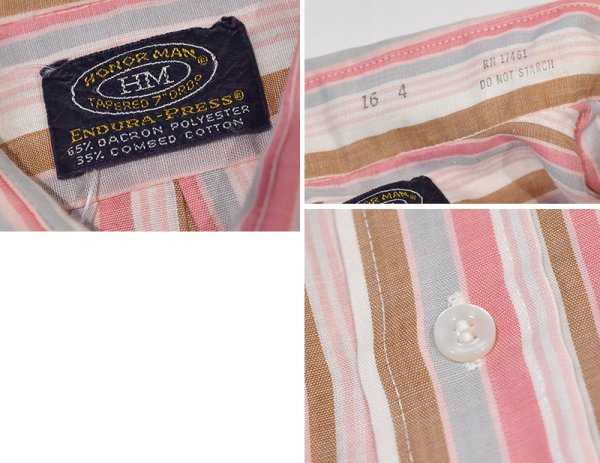 画像2: 70's~【ビンテージ】【HONORMAN】【ピンクストライプ】【ポリコットン】半袖シャツ【半袖コットンシャツ】【サイズ16-4】  (2)