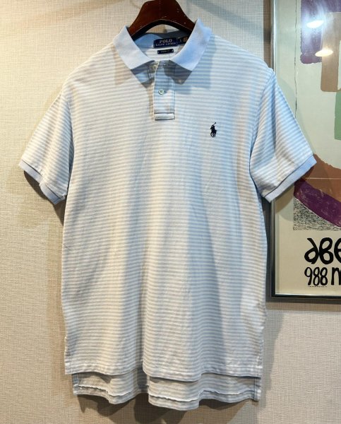 画像1: POLO ralph lauren【ラルフローレン】ビンテージ【カスタムフィット】【白ｘ水色】【ボーダー柄】【ポロシャツ】【サイズL】  (1)