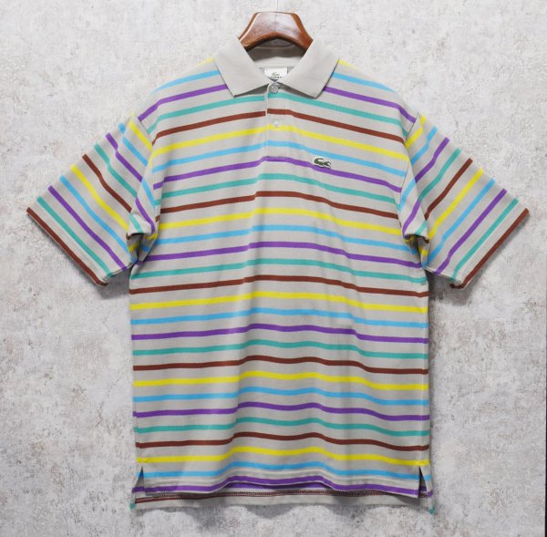 画像1: 【ラコステ】【LACOSTE】【ベージュ×黄色×水色×紫×緑×茶】ボーダー【ポロシャツ】【サイズ6】  (1)