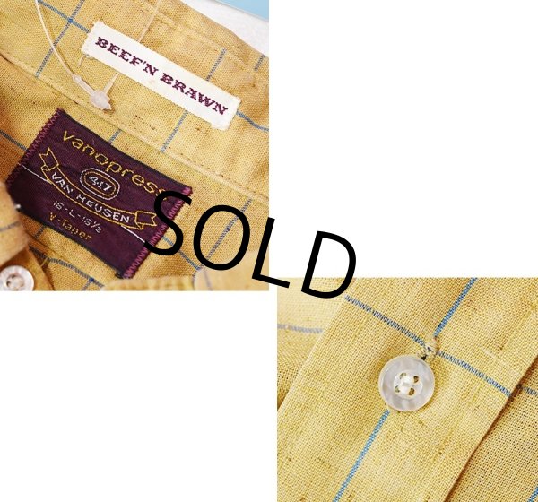 画像2: 程度良好!!【~70's】ビンテージ【VAN HEUSEN】【ヴァン・ヒューゼン】【deefn brawn】ライトブラウン×青 【チェック柄】【半袖ボタンダウンシャツ】【サイズL】  (2)