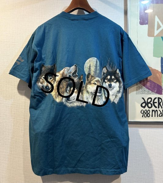 画像3: 90's【USA製】【ビンテージ】【HABITAT】【オオカミ×月夜イラスト】【セルリアンブルー】【Tシャツ】【サイズL】  (3)