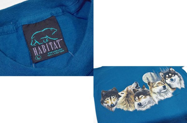 画像2: 90's【USA製】【ビンテージ】【HABITAT】【オオカミ×月夜イラスト】【セルリアンブルー】【Tシャツ】【サイズL】  (2)
