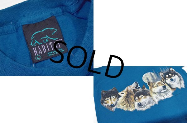 画像2: 90's【USA製】【ビンテージ】【HABITAT】【オオカミ×月夜イラスト】【セルリアンブルー】【Tシャツ】【サイズL】  (2)