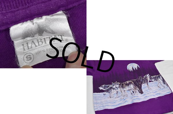 画像2: 90's【USA製】【ビンテージ】【HABITAT】総柄【オオカミ×月夜イラスト】【紫】【Tシャツ】【サイズS】  (2)