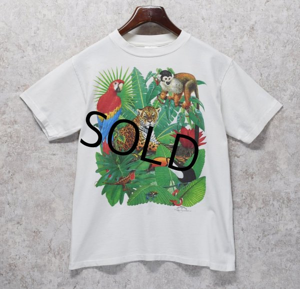 画像1: 90's【USA製】 ビンテージ【TSF】【ヒョウ、鳥、植物】イラスト【白】【 Tシャツ】【サイズＭ】  (1)