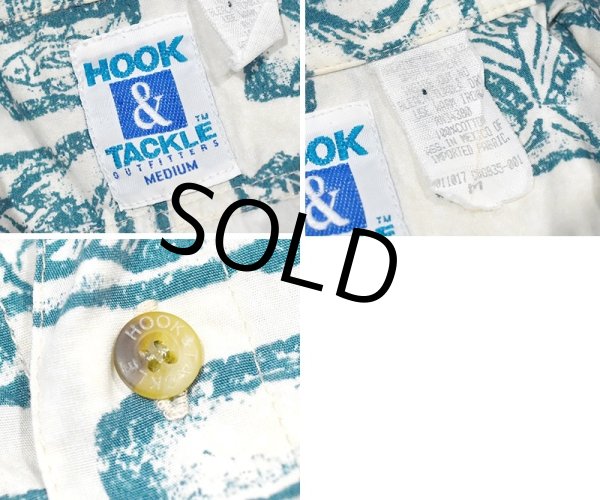 画像2: 【ビンテージ】【HOOK&TACKLE】【生成り×緑】魚柄【BDシャツ】半袖シャツ【サイズM】  (2)