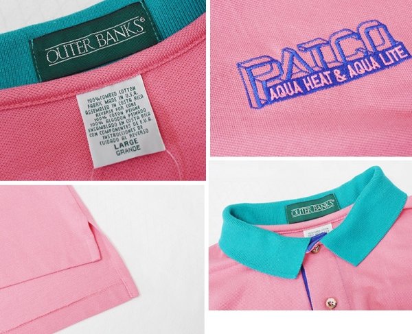 画像2: ビンテージ【OVTER BANKS】【ピンク×襟、袖緑】【ポロシャツ】半袖シャツ【サイズL】  (2)