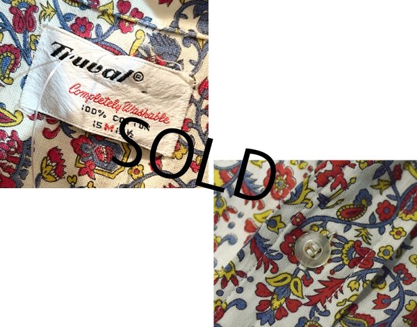画像2: 【ビンテージ】【Truval】【白×花柄】総柄 半袖ボタンダウンシャツ【サイズM】   (2)