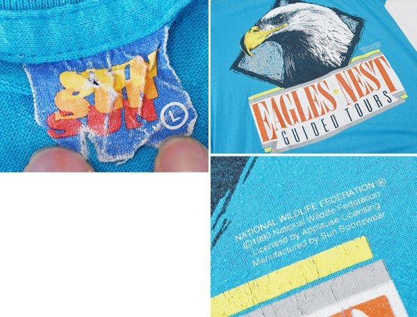 画像2: 【90's】【USA製】【ビンテージ】【SUN】【EAGLES NEST GUIDE TOURS】【鷹プリント】【水色】【Tシャツ】【サイズL】   (2)