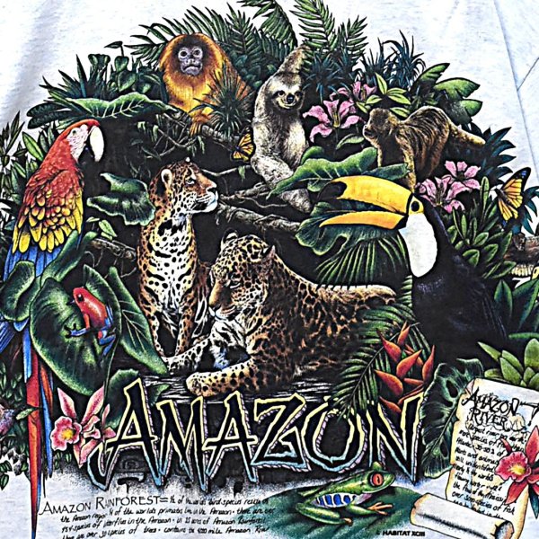 画像3: 【デッドストック】【USA製】【ビンテージ】【薄水色霜降り】【amazon rain forest】【動物プリント】【Tシャツ】【サイズXL】  (3)