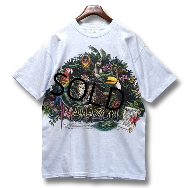 画像1: 【デッドストック】【USA製】【ビンテージ】【薄水色霜降り】【amazon rain forest】【動物プリント】【Tシャツ】【サイズXL】  (1)