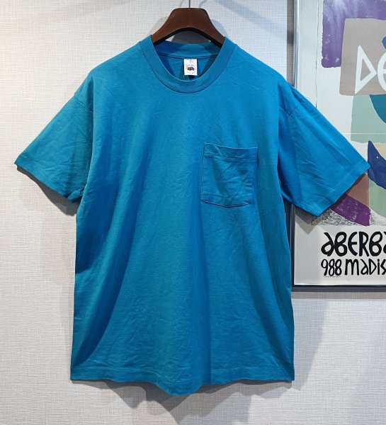画像1: 90's【USA製】 ビンテージ【FRUIT OF THE LOOM 】フルーツオブザルーム【ターコイズブルー】【無地】【ポケット付き】【 Tシャツ】【サイズL】  (1)