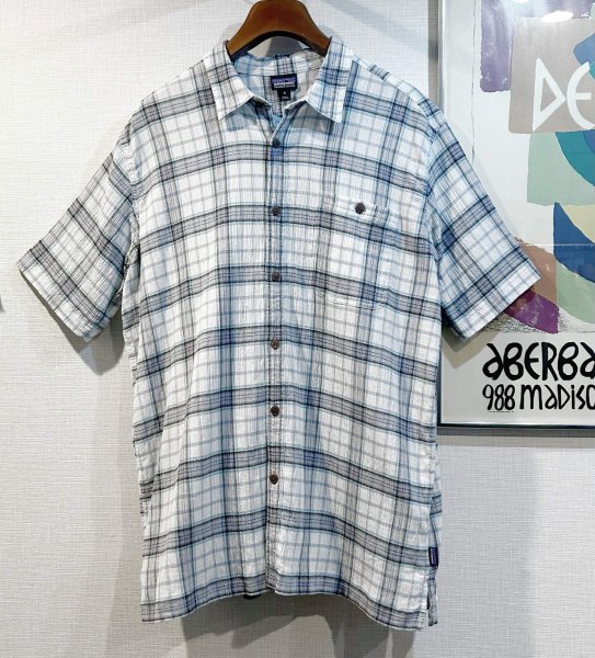 画像1: ビンテージ【パタゴニア】patagonia 白ｘ水色ｘグレーｘ紫 チェック オーガニックコットン 半袖シャツ【サイズＸL】  (1)