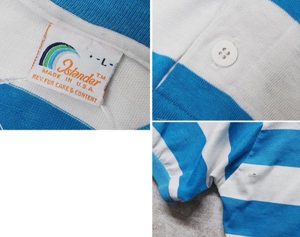画像2: USA製【ビンテージ】【Islander】【アイランダー】水色x白【ボーダー柄】【ヘンリーネックTシャツ】【サイズL】  (2)