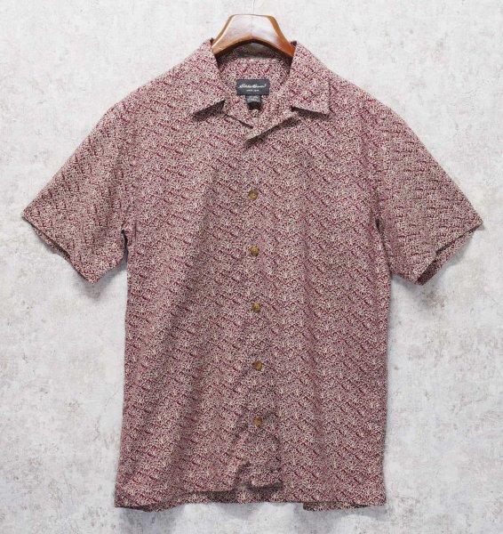 画像1: ビンテージ【エディーバウアー】【Eddie Bauer】【エンジ×生成り】【総柄】【リネン×コットン】【半袖シャツ】【開襟シャツ】【サイズS】  (1)